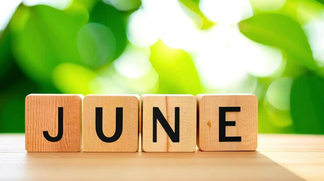 Text "June" on wooden blocks with green leaves and sunlight. Spring background for the month JUNE. Hello summer