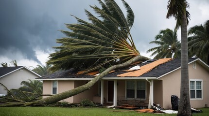 Hurricane impact on a house roof. A large tree has fallen after strong winds from a tropical storm. Aftermath of a natural disaster.