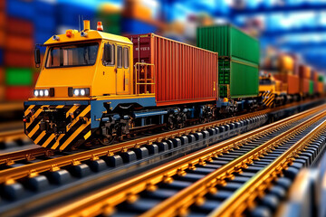 Obraz premium vibrant freight train transporting colorful shipping containers along railway track in busy industrial setting, showcasing efficiency of logistics and transportation