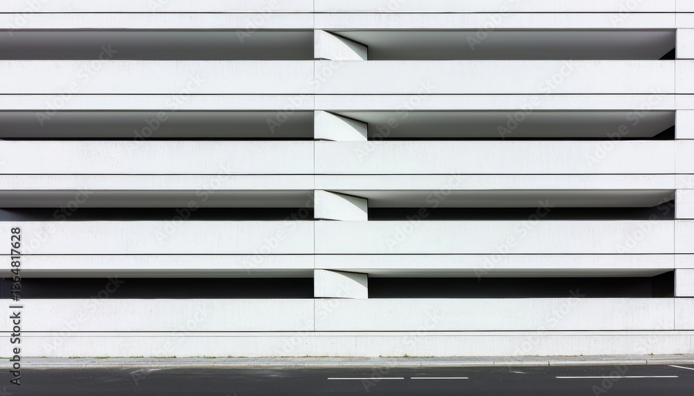 Poster high-contrast perspective of urban building with layered concrete slabs and linear symmetry, showcas