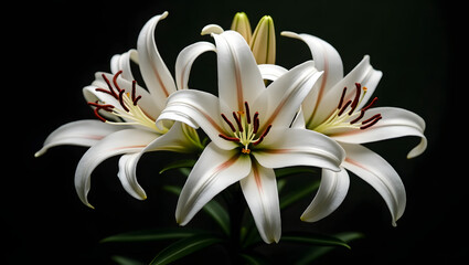 Fototapeta premium Elegant White Lilies in Full Bloom – Stunning Floral Photography with Dark Background