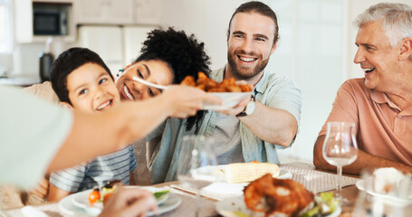 Love, smile and lunch with big family in dining room for bonding, food and nutrition. Support, happiness and grandparents with child and parents eating at home for relax, serving and health together