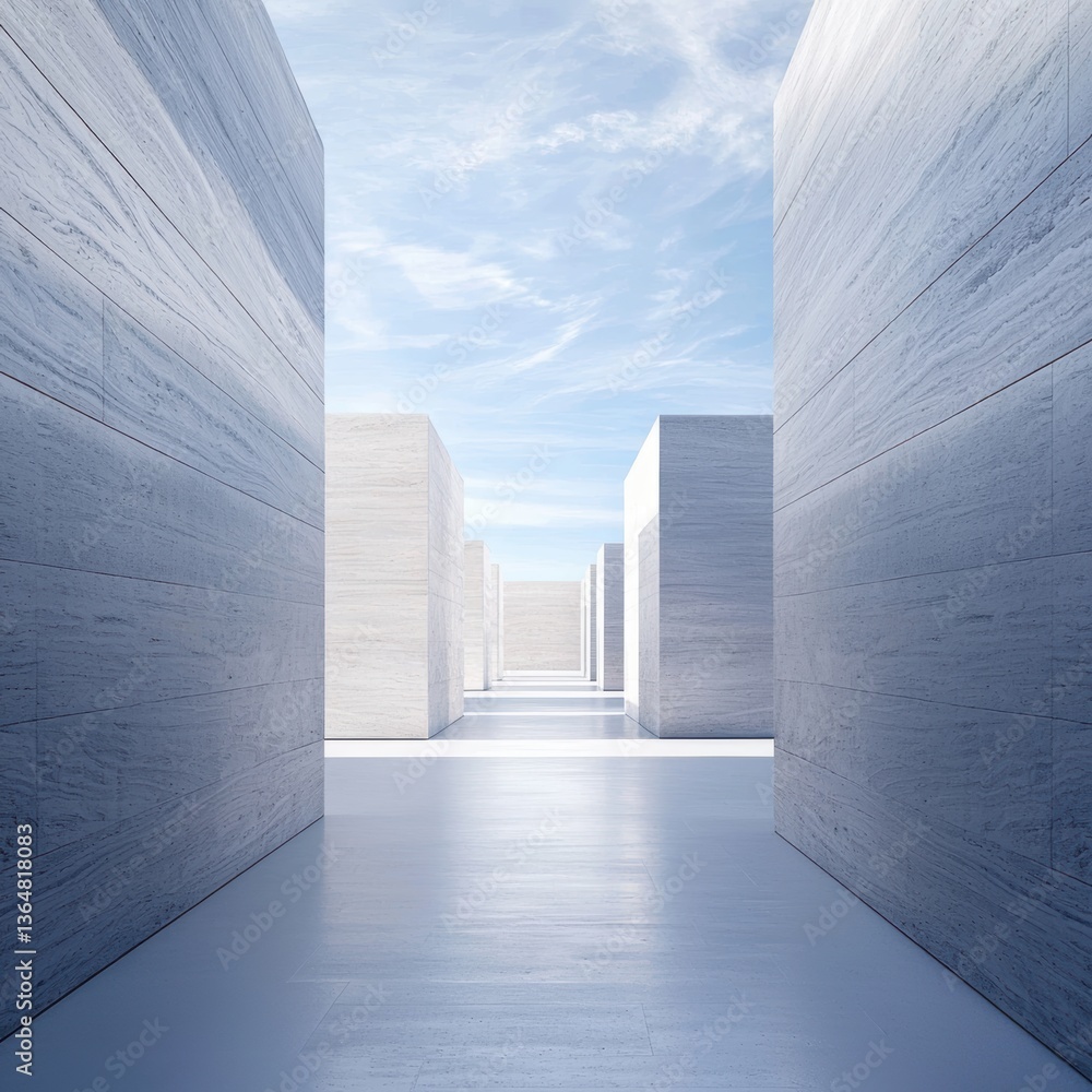 Poster ultra-minimal architecture with monolithic stone walls and clean linear textures, blending structure