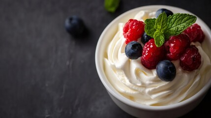 Whipped cream dessert decorated with fresh raspberries and blueberries