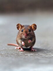 Cute brown house mouse standing on concrete floor