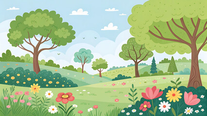 spring or summer field or park with trees flower 