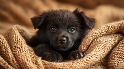 Obraz premium Adorable black puppy resting on a soft knitted blanket