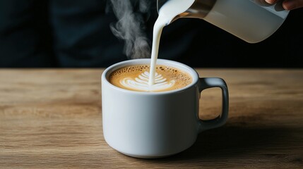 A barista pouring milk into a steaming pitcher, with a focus on the froth and the steam.