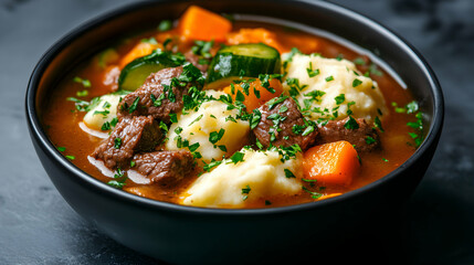 Hearty Beef Stew with Dumplings in a Dark Bowl