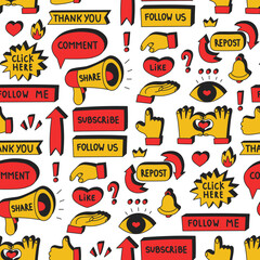 Social Media Activity Symbols Seamless Pattern. Hand drawn Internet Background with Bell Repost Follow Love Hand Subscribe Icons. Repeat vector illustration