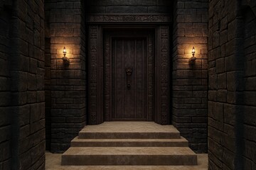 Obraz premium A minimalist dungeon entrance, a simple stone doorway with a single torch burning beside it