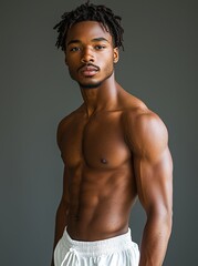 Fototapeta premium A muscular male model, showcasing a strong physique with well-defined chest and abs, poses in a studio setting, epitomizing wellness and a healthy lifestyle