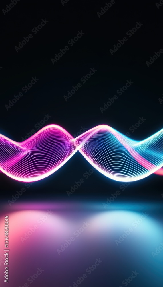 Poster Wavy stream of glowing digital lines, abstract background with dynamic movement in neon shades, futuristic technology communication pattern