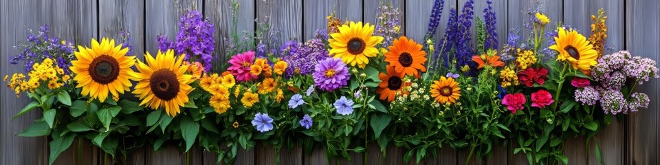 Vibrant Summer Bouquet Sunflowers, Zinnias, and Larkspur Against a Rustic Wooden Fence