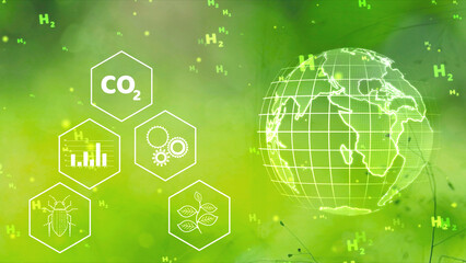 H2 particle with bug graph plant gear co2 and global rotating blur green nature background