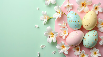 Perfect Easter: Stylish composition of pastel Easter eggs with white lilies on a two-tone background (mint and pink). Plenty of empty space on the left to add your text, logo or design.