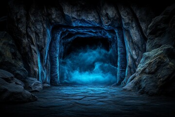 A mysterious cave entrance surrounded by jagged rocks, with eerie fog spilling out