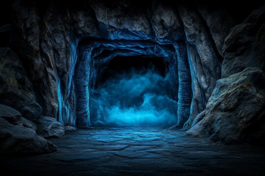 A mysterious cave entrance surrounded by jagged rocks, with eerie fog spilling out