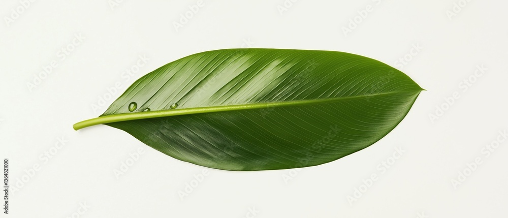 Poster close-up of a single green leaf. the leaf is elongated and has a pointed tip. the veins of the leaf 