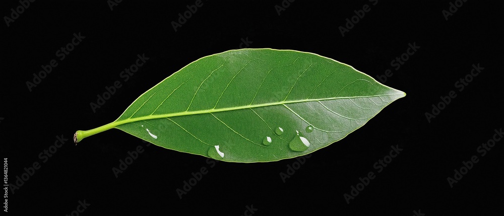 Poster close-up of a single green leaf. the leaf is elongated and has a pointed tip. it is lying on a black