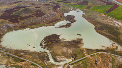 Aerial view of naturally formed lake surrounded by mountains Todurge Lake Zara Sivas Turkey