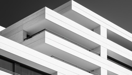 Obraz premium Minimalist urban geometry in black and white, featuring stacked concrete planes and precise architectural lines in a modern facade