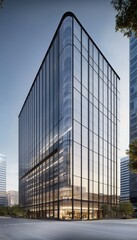 Office building exterior with architectural transparency, glass structure facing modern skyline, premium real estate visualization concept