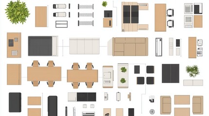 Assortment of furniture technology and other interior design elements shown in a layout for planning and organizing living or work spaces