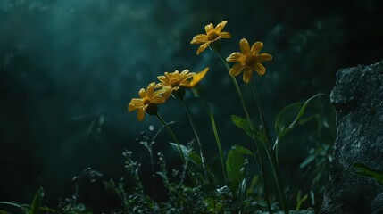 A cluster of bright yellow flowers stands proudly in a tranquil forest. Soft light filters through the trees, illuminating the delicate petals and surrounding greenery, creating a peaceful atmosphere