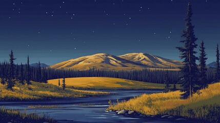 Nightfall Mountain River Landscape.