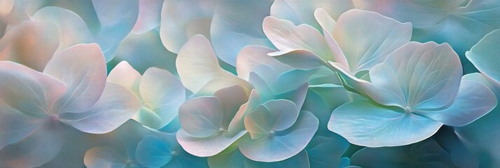  The soft, rounded leaves of a hydrangea bush illuminated by the morning sun, with clusters of pastel blossoms visible. 