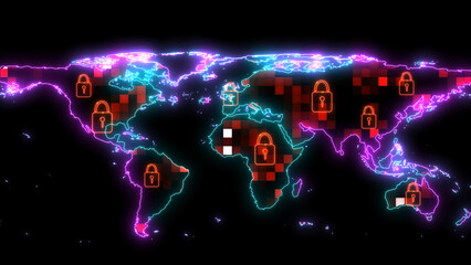 thousand digital red tone data and red light digital lock on global map. concept big data, AI, digital cyber, global cloud, security financial