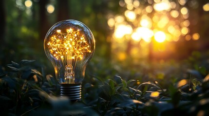 A lightbulb with a tree inside, in a forest at sunset. Symbol of nature, environmentalism and new ideas.