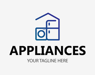 Modern minimalist home appliance store logo. Refrigerator stove and washing machine icon.
