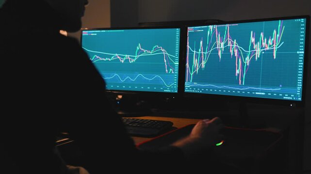 Stock market analysis with dual monitors during late night trading session - Powered by Adobe