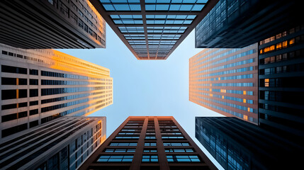 Naklejka premium Low Angle View of Modern City Skyscrapers Reaching for a Clear Blue Sky