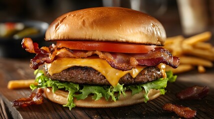 A juicy burger with melted cheese, lettuce, tomato, and crispy bacon on a toasted bun