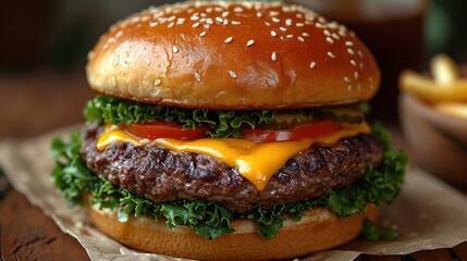 Delicious gourmet hamburger with meat, bacon, cheddar, tomato, lettuce, special sauce, onion and pickles ready to eat JPG by Generative A.I.