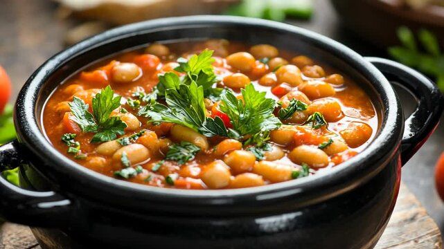 Delicious bean stew with vegetables served in a black pot on a rustic wooden table in a cozy kitchen setting