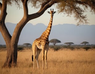 A giraffe stands in a field of tall grass next to a tree