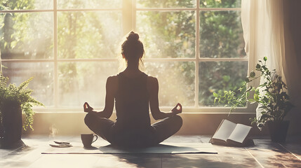 A peaceful morning meditation scene--someone sitting cross-legged on a yoga mat in front of a large window, bathed in soft natural light. A cup of herbal tea and an open journal nearby enhance the