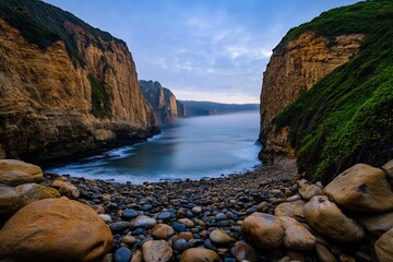 A rocky shoreline at sunrise, with mist rolling over smooth pebbles and tide pools