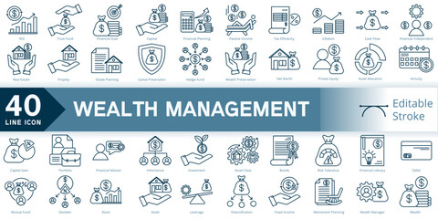 wealth management icon set, simple line element wealth management with editable stroke, wealth management simple icon, wealth strategy icon line style vector image