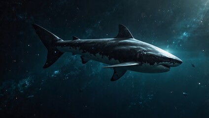 Shark Swimming in Deep Dark Water with Starry Sky Background