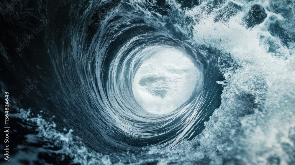 Poster a large ocean wave curls dramatically, creating a spiral effect while crashing against the shore at 