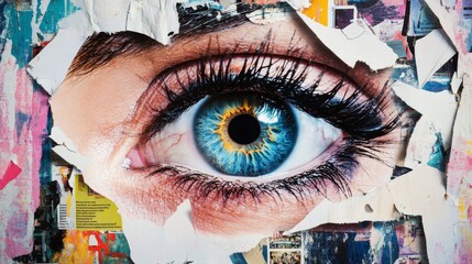 A collage of cut-out magazine pages, ripped paper, and torn edges.