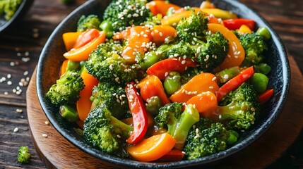 A vibrant vegetable stir-fry with broccoli, carrots, and bell peppers in a savory sauce