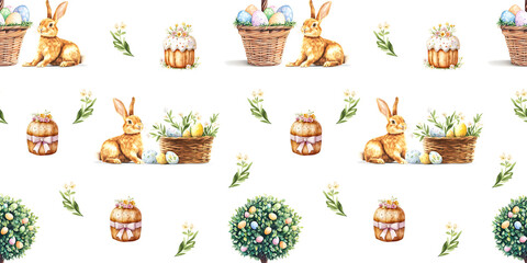 Colorful seamless pattern featuring happy Easter eggs and bunnies on fabric