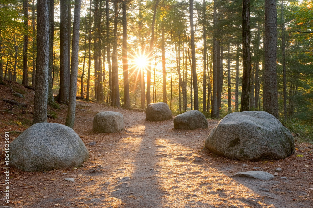 Poster sunlight filtering through trees and illuminating large rocks along a forest path during golden hour