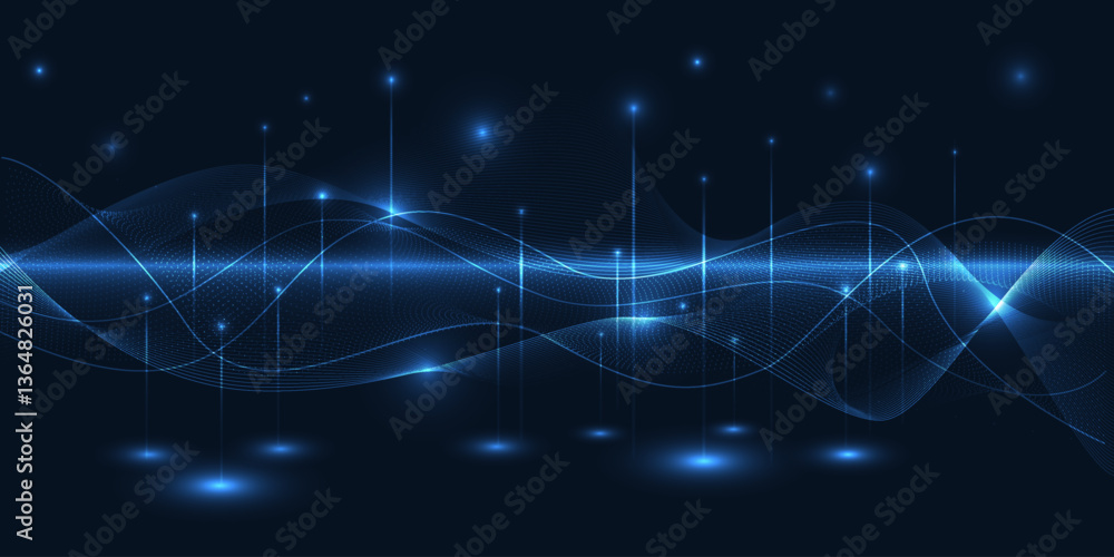 Poster vector illustration of futuristic digital technology background with glowing dots floating on digita